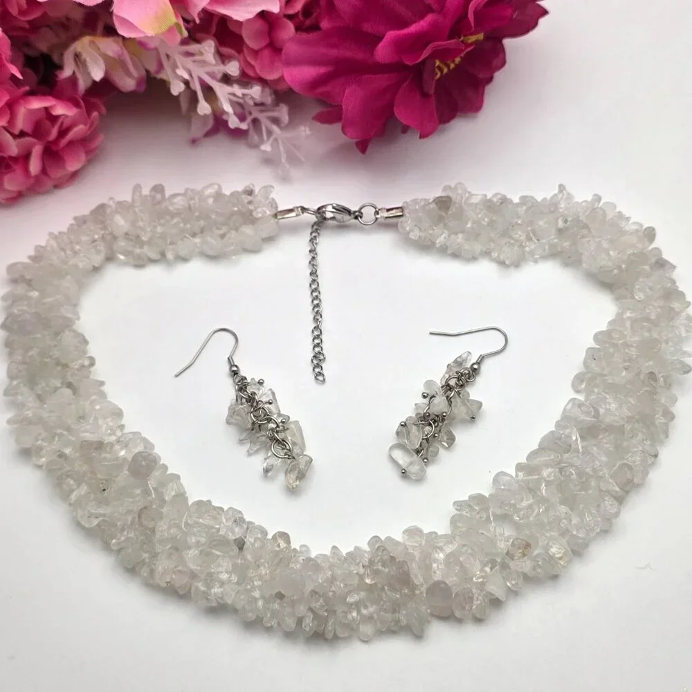 Clear Quartz Chip Necklace Earrings Set Natural Crystal Statement 21 In Adj.